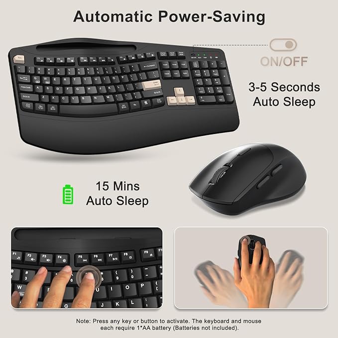 Wireless Keyboard and Mouse Combo, 2.4G Full Size Wave Keys Ergonomic Keyboard with Wrist Rest, Phone Holder, 3-Level DPI Wireless Silent Mouse with 6-Buttons, for Windows (Latte Black)