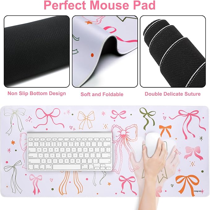 MEGREZ 4-in-1 Ergonomic Memory Foam Wrist Rest Set, Desk Pad, Mouse Pad with Wrist Rest, Keyboard Pad, Suitable for Office Workers, Programmers & Gamers–Relieve Typing & Gaming Fatigue, Bow