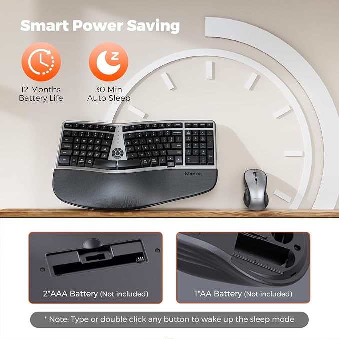 MEETION Ergonomic Keyboard and Mouse Wireless Combo, 2.4G Curved Compact Keyboard with Cushioned Palm Rest, 4 Level DPI Adjustable Wireless Mouse, for Windows/Mac/Desktop/PC/Laptop, Gray Black