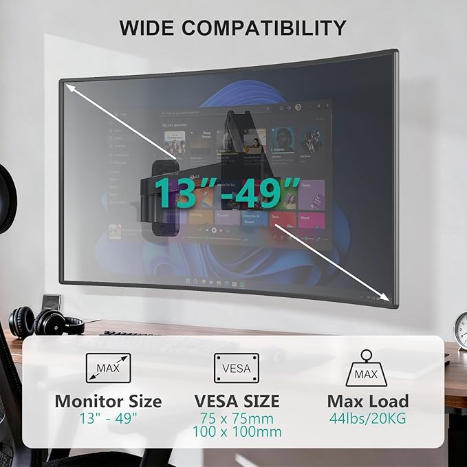 WALI Monitor Wall Mount for 13-49 Inch Ultrawide Screens, Heavy Duty Single Monitor Mount Holds up to 44 lbs, Adjustable Gas Spring Wall Mount Monitor Arm, 75/100mm VESA Mount (GSWM001-P), Black