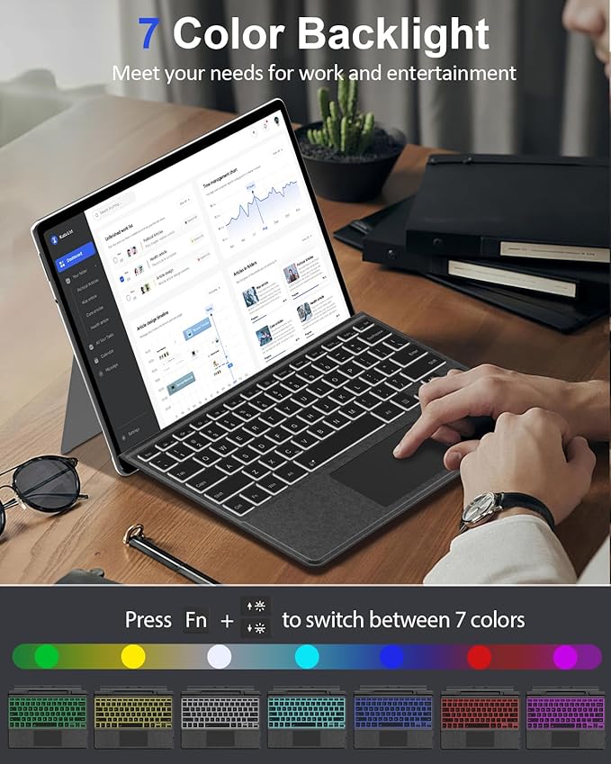 MoKo Type Cover for Microsoft Surface Pro 11/10/9/8/X Keyboard, Wireless Bluetooth Surface Pro Keyboard with 7 Colors Backlit, Touchpad, Sleep/Wake Function, Pencil Holder, Rechargeable Battery, Black