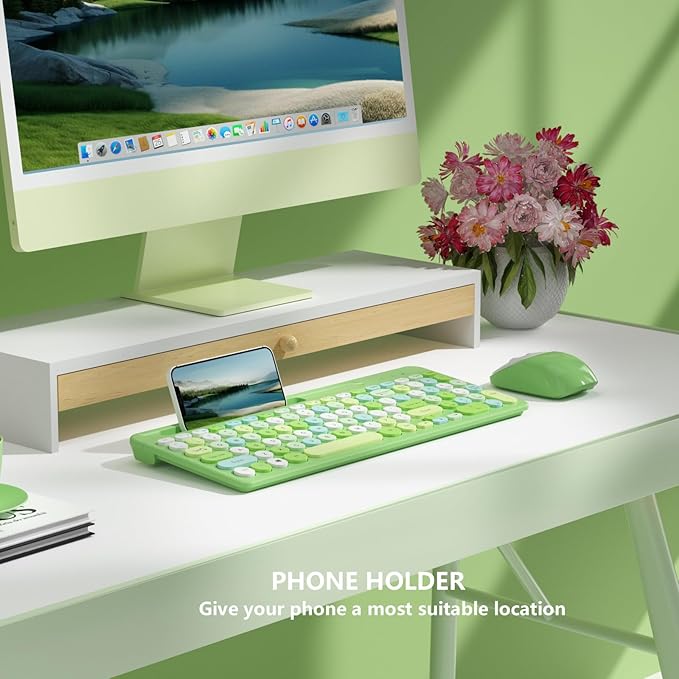 Retro Wireless Keyboard and Mouse Combo, Full-Size USB Keyboard with Round Keycaps, 2.4GHz Wireless for Desktop, Laptop and Computer (Green-Colorful)