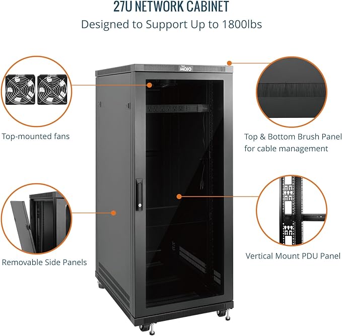 Tecmojo Network Rack Cabinet,27U Server Rack,31.5 Inch Depth,Hold Up to 1800Lbs,Lockable Cabinet with Casters and Complete Accessories,Clear Door,for Home,Office,Small Business (27U 23.6" w*31.5" d)