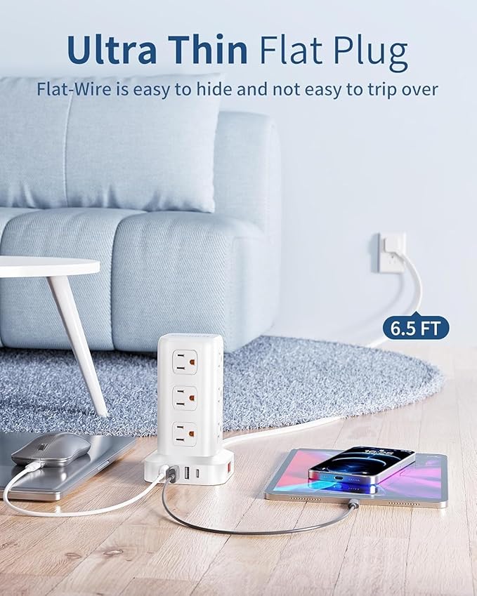 Extension Cord with Multiple Outlets, SMALLRT Flat Plug Surge Protector Power Strip Tower, Power Bars with USB 12 AC Outlets, 16.5FT Ultra Thin Extension Cord for Home Office, Overload Protection