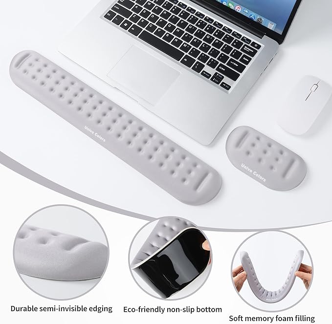 UnivoColors Gray Keyboard Wrist Support and Mouse Wrist Rest Set, Made of Memory Foam Soft Gel, Ergonomic Pad for Computer, Laptop, Mouse, Office, Gaming