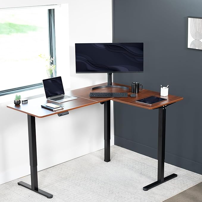 VIVO Corner Standing Desk, 63 x 47 inch Reversible L-Shaped Workstation, Electric Height Adjustment, Home, Office, and Reception Rooms, Dark Walnut Table Top Black Frame, DESK-E3CTD-47