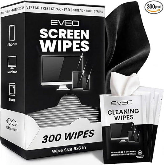 EVEO Screen Wipes - Electronic Wipes, Computer Screen Cleaner Wipes for Electronics | Computer Screen Wipes Phone Wipes & Lens Wipes for PC, Laptop, Phone, Car & More - Microfiber Included (300 Pack)
