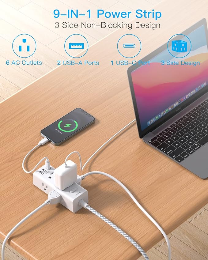 15 Ft Power Strip Surge Protector, Extension Cord with 6 Widely Outlets 3 USB Ports (1 USB C), 3-Side Outlet Extender Strip, Flat Plug, Wall Mount Small Power Strip for Travel Home Office College Dorm