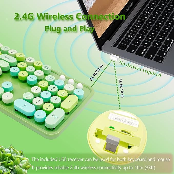 Wireless Keyboard and Mouse Combo, Ergonomic Cute Retro Typewriter Full Size Colorful USB Cordless Keyboard Mouse Set for Gaming and Office (Green)