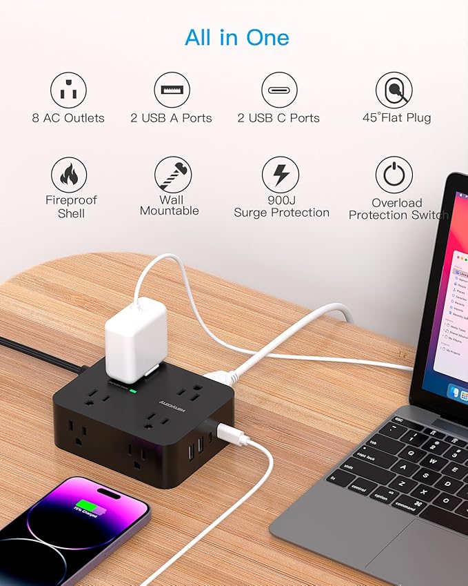 Surge Protector Power Strip 10 Ft Cord, HANYCONY Extension Cord with 2 USB C Ports, Multiple Outlet Extender with Flat Plug, Wall Mount for Home Office College Dorm Room Essentials Black