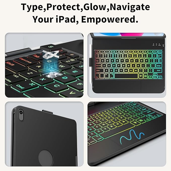 Touch Keyboard Case for iPad A16 11th Generation 2025/10th Generation 10.9 inch 2022,360° Rotatable for iPad 11th Generation Case with Keyboard- 10 Color Backlight Keyboard Case with Pencil Holder