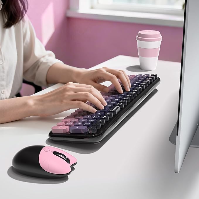 Wireless Keyboard and Mouse Combo, MOWUX Compact Typewriter Retro Round Computer Keyboard, Cute Optical Mouse Wireless, Plug and Play, for Laptop, PC, Computer- Plum Pink Gradient