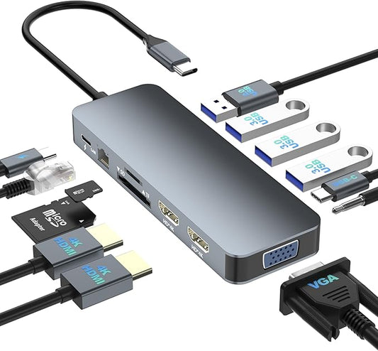 Docking Station for Dell/HP/Lenovo/Surface Laptop, Dual HDMI Adapter for 2 Monitors, 13 in 1 USB C Hub With HDMI/VGA/USB/PD/Ethernet/SD/TF/Audio
