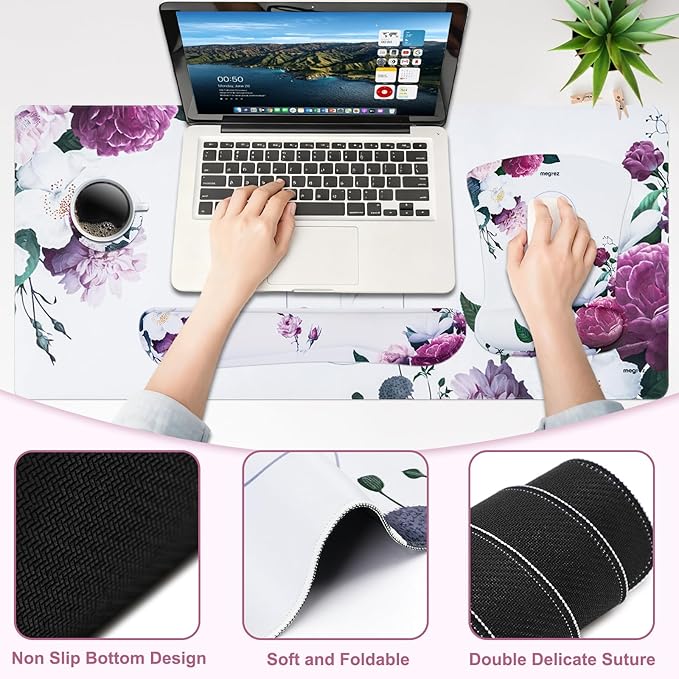 MEGREZ 4-in-1 Ergonomic Memory Foam Wrist Rest Set, Desk Pad, Mouse Pad with Wrist Rest, Keyboard Pad, Suitable for Office Workers, Programmers & Gamers–Relieve Typing & Gaming Fatigue, White