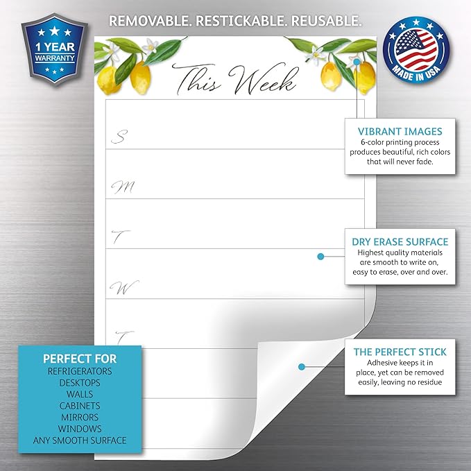 Dry Erase Weekly Calendar Planner Sticker Decal | Removable & Reusable | Magnetic Fine-Tip Marker Included (6 x 9 inches, Lemon Fresh)