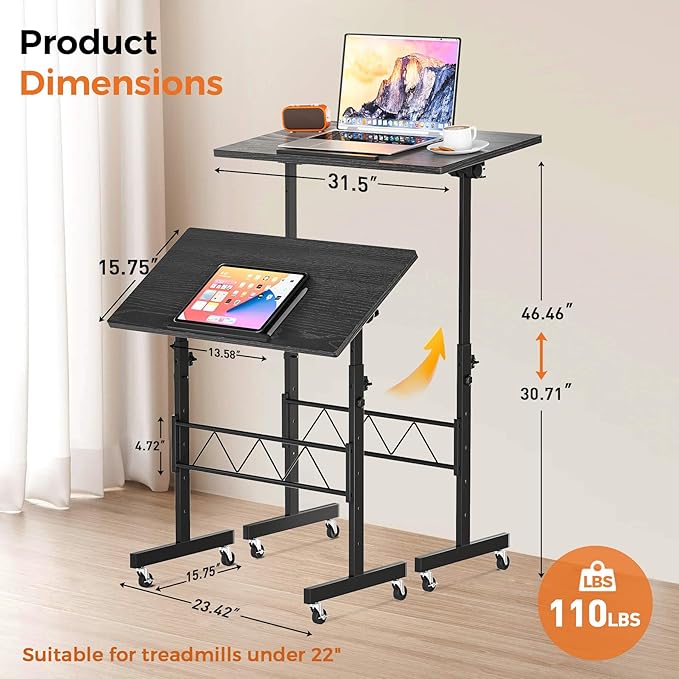 GTPLAYER Standing Desk Adjustable Height & Tiltable Tabletop, 32 Inch Portable Desk for Home Office Stand Up Work and Walking Pad Treadmill, Small Mobile Computer Table for Laptop, Black