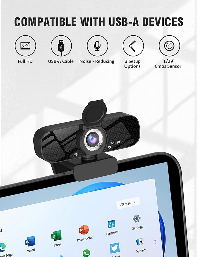 Tewiky Full HD Webcam with Built-in Microphone and Rotatable Tripod, 2K Video and Wide Angle Camera, Privacy Cover, for Desktop PC or Laptop Computer