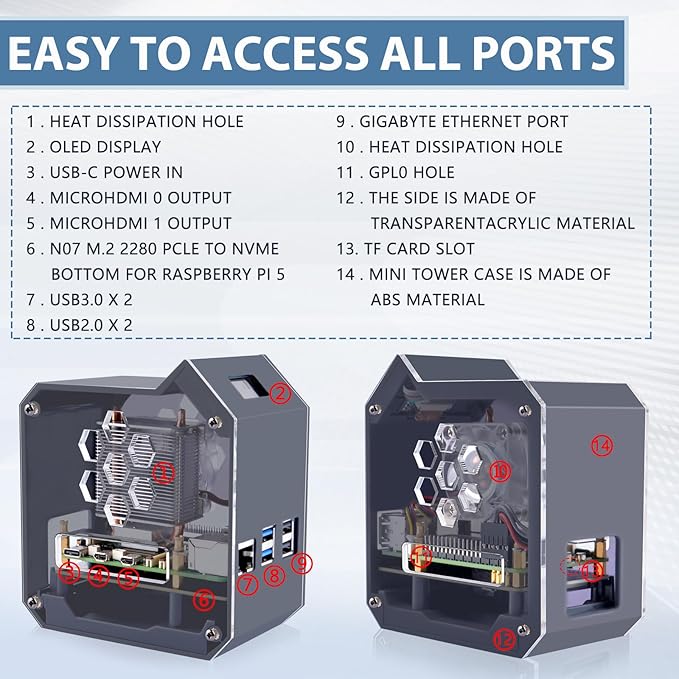 GeeekPi N07 MiniTower NVMe NAS Kit for Raspberry Pi 5, Supports M.2 NVMe SSD 2230/2242/2260/2280