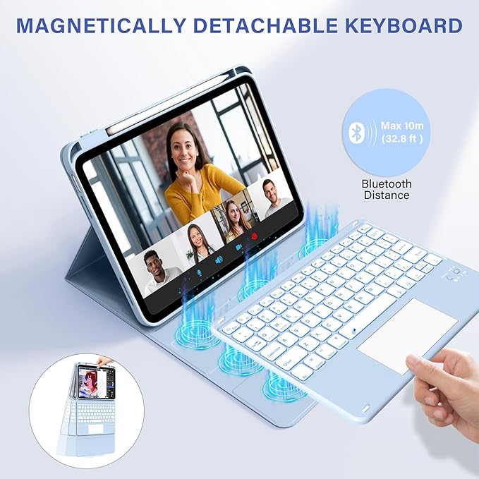 for iPad A16 11th 10th Case with Keyboard: Backlit Keyboard Case with Trackpad & Pencil Holder, Magnetic Detachable for Students Daily Learning & Note-Taking, Frost White