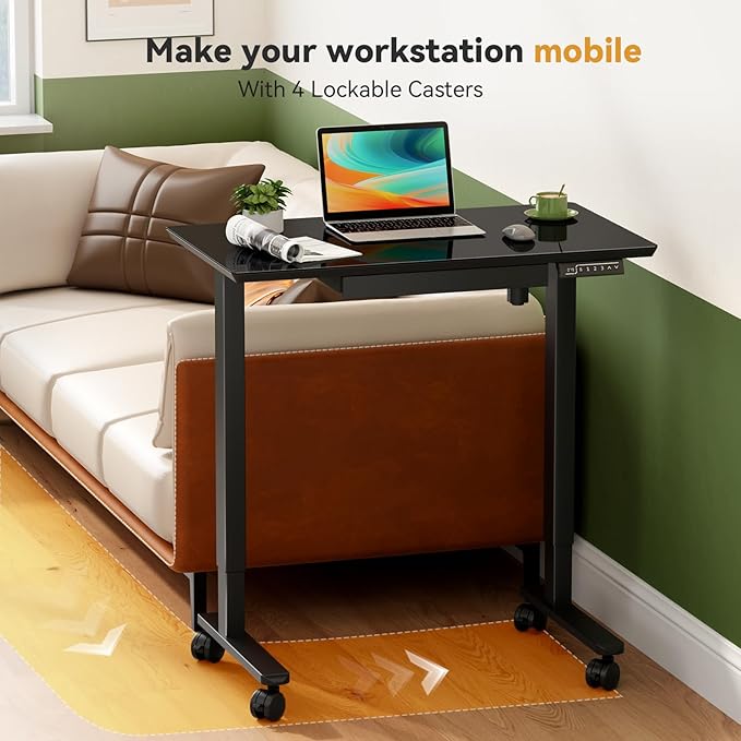 Glass Standing Desk with Drawer, Electric Sit Stand Desk with Wheels, 35×20Inch Whole Piece Height Adjustable Rising Table, Small Computer Workstation, Black