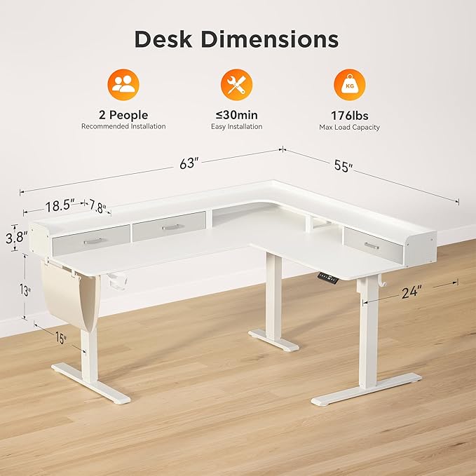 63 Inches Height Adjustable L Shaped Standing Desk with 3 Drawers and Monitor Shelf, Electric Sit to Stand Home Office Comupter Table, Ergonomic Corner Gaming Desk, White