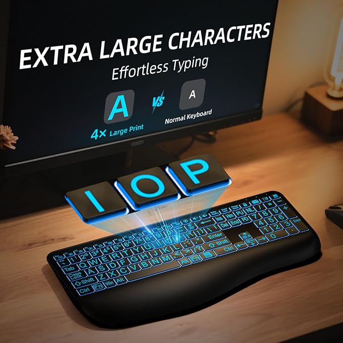 Large Print Backlit Wireless Keyboard – Silent Keyboards with Wrist Rest, 7-Color Light up, Quiet Low Profile Keys, 2.4G Wireless Rechargeable Full Size Keypad for Computer Laptop Windows, Black