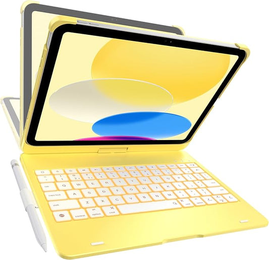 typecase Flexbook Keyboard Case for iPad 11th (A16, 2025) and iPad 10th Gen (10.9", 2022) – No Trackpad, 11-Color Backlight, 360° Rotatable, 7 Use Modes, Thin & Lightweight – Yellow