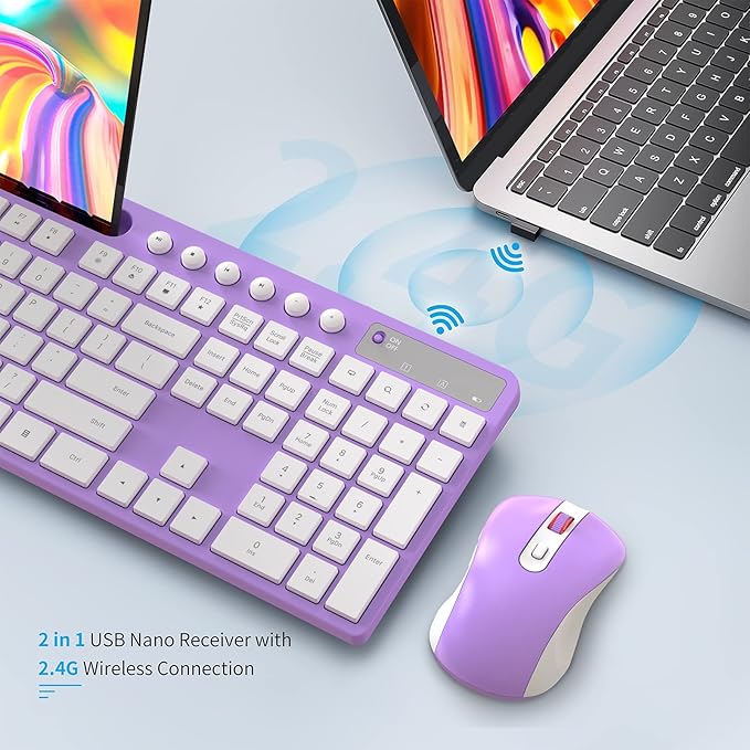 Wireless Keyboard and Mouse Combo, MARVO 2.4G Ergonomic Wireless Computer Keyboard with Phone Tablet Holder, Silent Mouse with 6 Button, Compatible with MacBook, Windows (Purple)