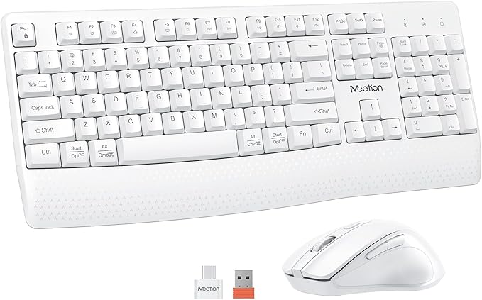 MEETION White Wireless Keyboard and Mouse, 2.4G USB Receiver Plug-and-Play, Computer Keyboard with Wrist Support, 3 Level DPI Mouse, Long Time Lasting Battery for PC/Mac/Windows/Laptop, White
