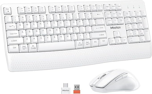 MEETION White Wireless Keyboard and Mouse, 2.4G USB Receiver Plug-and-Play, Computer Keyboard with Wrist Support, 3 Level DPI Mouse, Long Time Lasting Battery for PC/Mac/Windows/Laptop, White