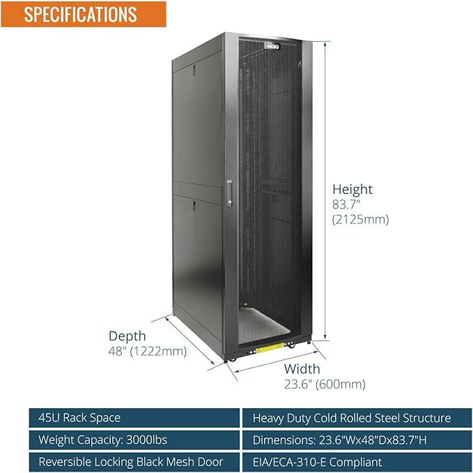 Tecmojo 45U Server Rack Cabinet - PRE-Assembled 24inch Width 48inch Depth IT Network Equipment Cabinet Rack Enclosure with Casters - 3000lbs Weight Capacity(06Black)
