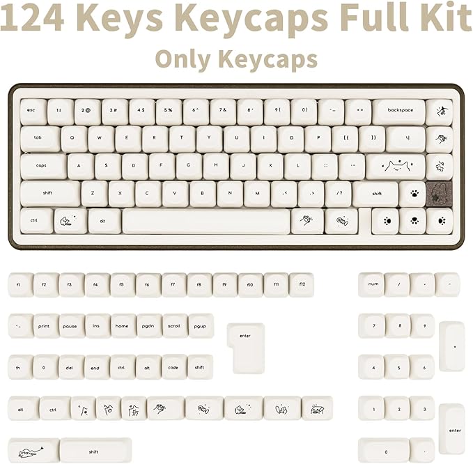 PBT Keycaps Set 124 Keys, Minimalist Style Custom White Cat Keyboard Dye-Sublimation MOA Profile Keycaps 60 65 75 100 Percent