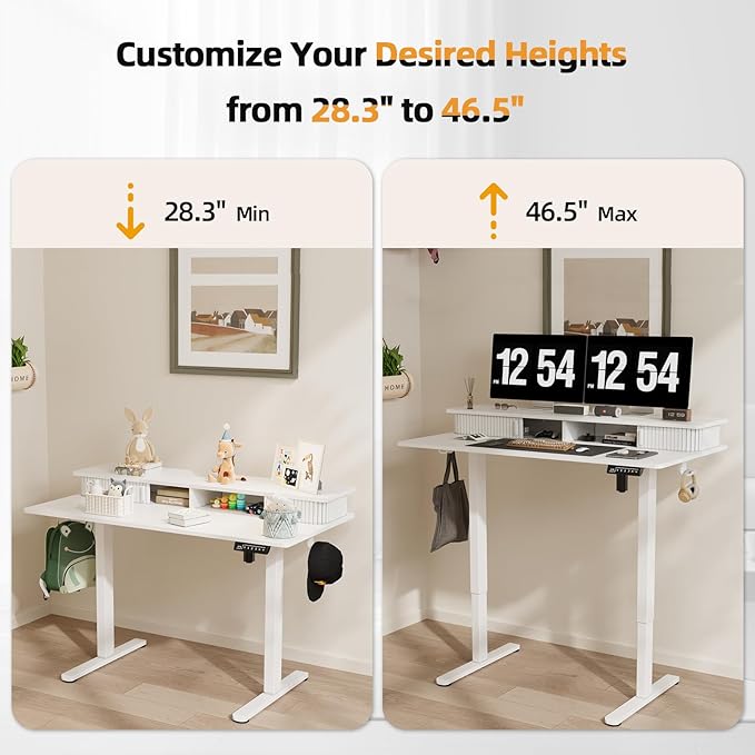 JOY worker Height Adjustable Electric Standing Desk with Storage Shelves, 55 Inch Desk with Built-in Monitor Stand, Sit Stand Workstation with 2 Hooks for Home Office, White