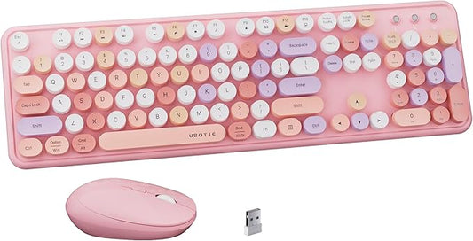 x UBOTIE Colorful Wireless Keyboard and Mouse Combo, Full-Sized Office Keyboard with Typewriter Flexible Keys, 2.4GHz Dropout-Free Connection, Optical Mouse for PC Laptop((Pink Colorful)