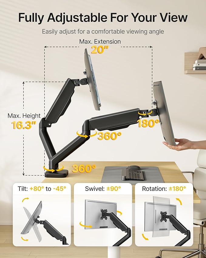 monTEK Dual Monitor Mount Fits 17-32 Inch Screens Holds 19.8lbs, Fully Adjustable Dual Monitor Arm, with Clamp/Grommet, Cable Management, Quick Release Plate, VESA 75/100mm