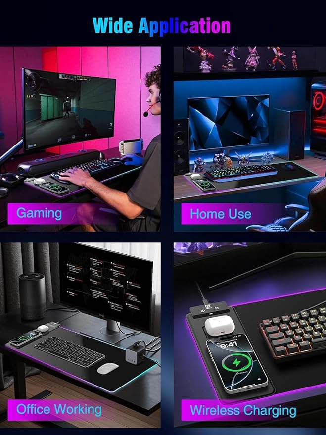 Mouse Pad with Magnetic Wireless Charging, Large Desk Pad Protector, RGB Black Mousepad Desk Mat with 15W Fast Charger, 4mm Thick Non-Slip, Waterproof Laptop Writing Pad for Office, Home, Gaming