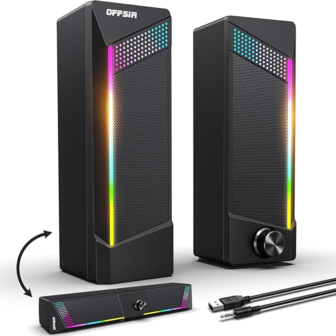 Computer Speakers, 2 in 1 PC Speaker , Gaming Speakers for PC Computer Laptop Desktop Monitor, RGB Speakers with Touch Sensitive Lighting, USB Powered 3.5mm Aux（Package Only Two Speaker, No Soundbar）