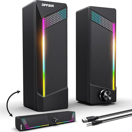 Computer Speakers, 2 in 1 PC Speaker , Gaming Speakers for PC Computer Laptop Desktop Monitor, RGB Speakers with Touch Sensitive Lighting, USB Powered 3.5mm Aux（Package Only Two Speaker, No Soundbar）