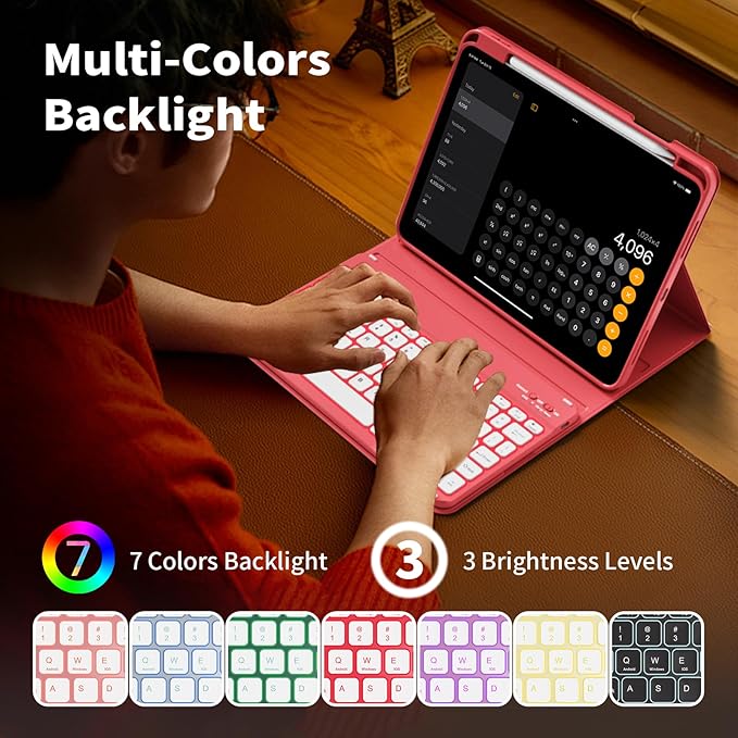 for iPad (A16) 11th Generation 2025 11-inch/10th Generation 2022 10.9 inch with Keyboard, 7 Colors Backlit Square Keycaps, Detachable Wireless Bluetooth Keyboard Case with Pencil Holder, Pink