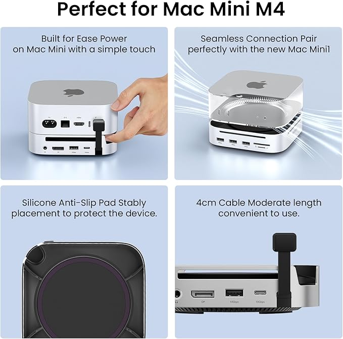 Mac mini M4 Docking Station with Display Port M.2 NVMe Enclosure, Mac mini M4 Dock Hub with 10Gbps UBS A USB C, SD TF Card Slots, 3.5mm Audio Jack
