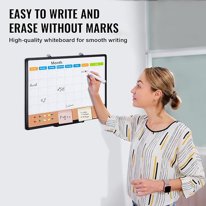 VEVOR 24"x 18" Monthly Calendar Whiteboard & Cork Board Combo with Aluminum Frame – 2-in-1 Magnetic Dry Erase Bulletin Board for Wall Mount – Ideal for School, Home, Office
