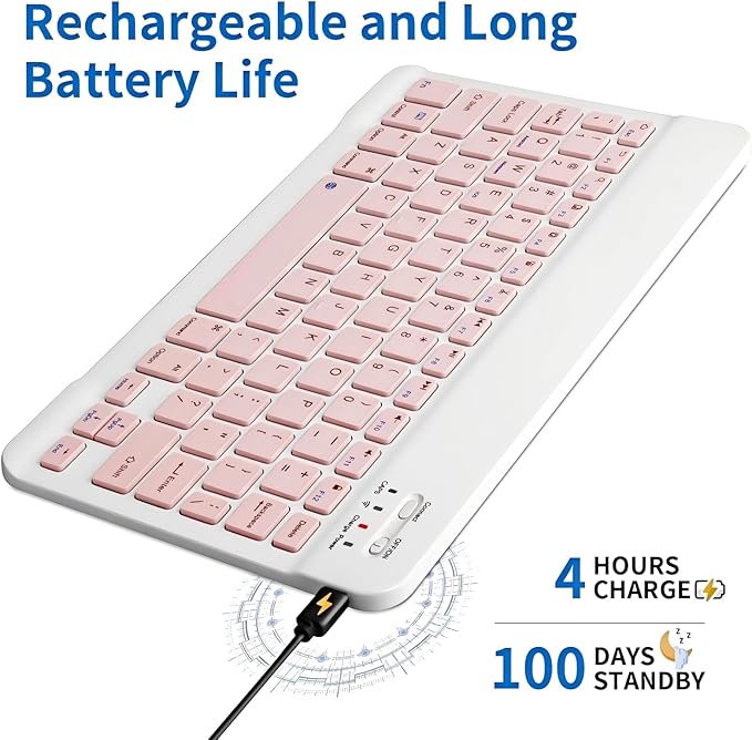 Wireless Portable Bluetooth Keyboard,Rechargeable Slim Mini Keyboard for Apple iPad iPhone,Fire Max 11 Fire HD 10,Samsung Tablet Phone Smartphone iPadOS iOS Android (10 Inch Pink)