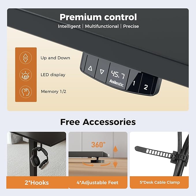 Agilestic Electric Standing Desk, 63 x 24 Inches Height Adjustable Desk, Sit Stand up Desk for Work Office Home, Splice Board, Black