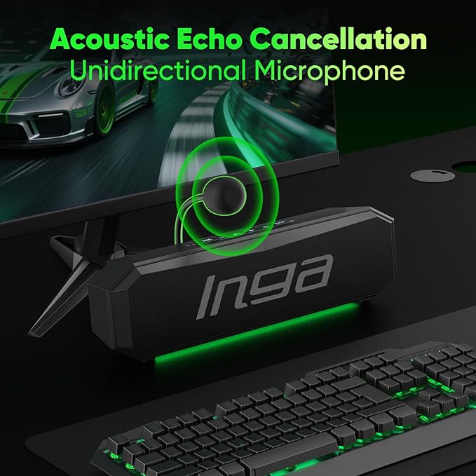 INGA Computer Speakers with Detachable Mic, Plug-and-Play USB Soundbar with Dynamic Lighting, Game/Music Modes, Compatible with PC, Laptop, PS5, Mac (10W)