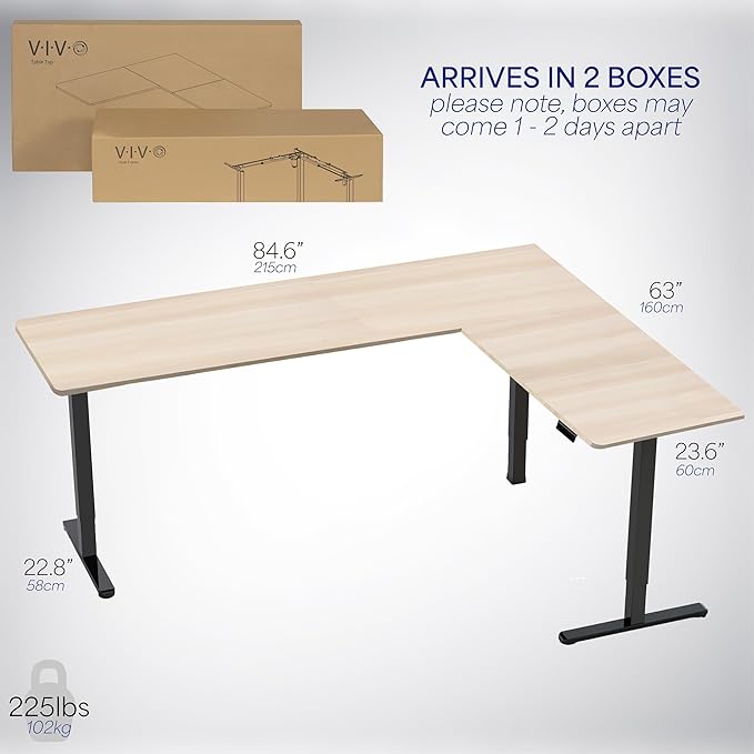 VIVO Corner Standing Desk, 84 x 63 inch Reversible L-Shaped Workstation, Electric Height Adjustment, Home, Office, and Reception Rooms, Light Wood Table Top Black Frame, DESK-E3CTBC-84