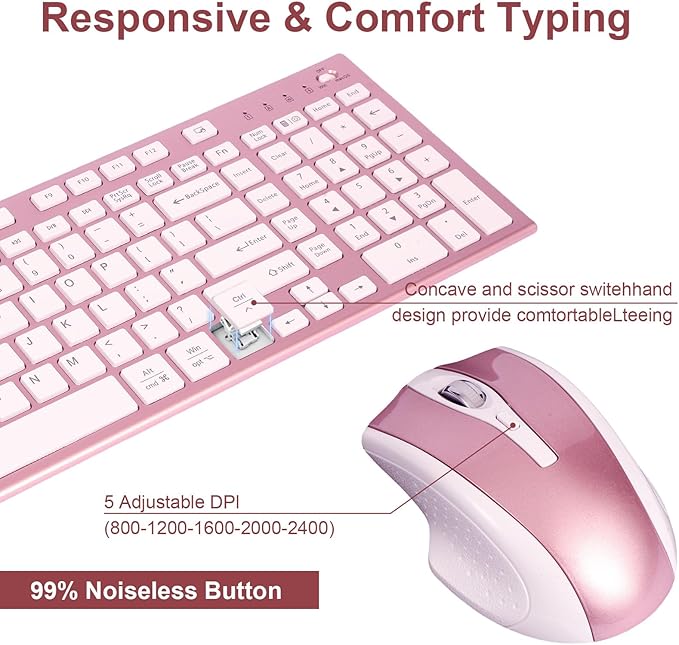 Wireless Keyboard and Mouse Set, 2.4G USB Silent Ultra-Thin Compact Full-Size Keyboard, Compatible with PC, Windows, Mac, MacBook (Rose Gold)
