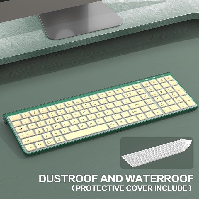 JOYACCESS Slim Compact Wireless Keyboard - Full-Size Silent Keys & Ergonomic Design, Number Pad & Dustproof Cover for Windows/Mac - Emerald Green