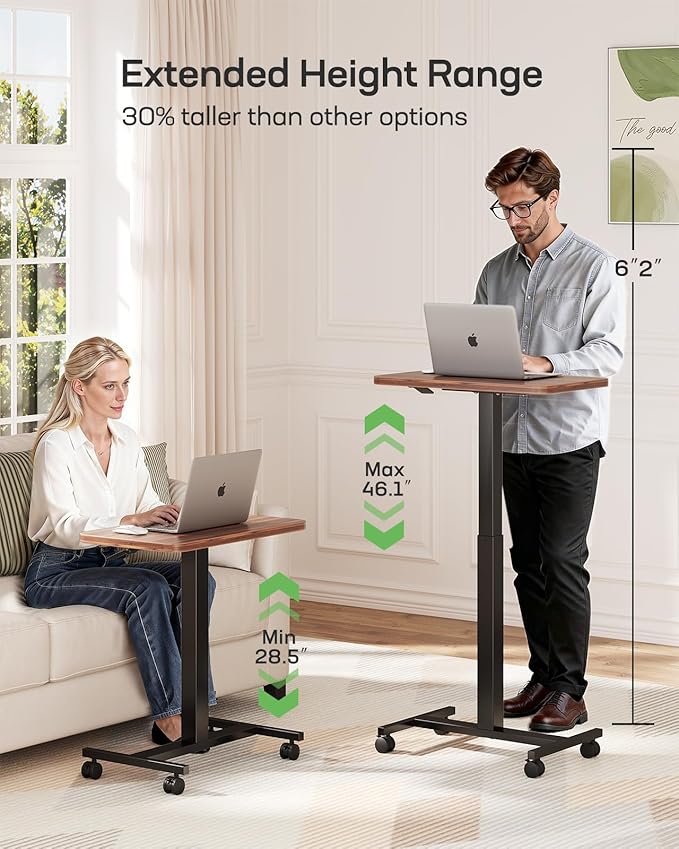 Marsail Mobile Standing Desk, Wider Height Adjustable Computer Desk, Rolling Sit Stand Desk with 4 Lockable Wheels, Desk for Home Office and Classroom, Walnut