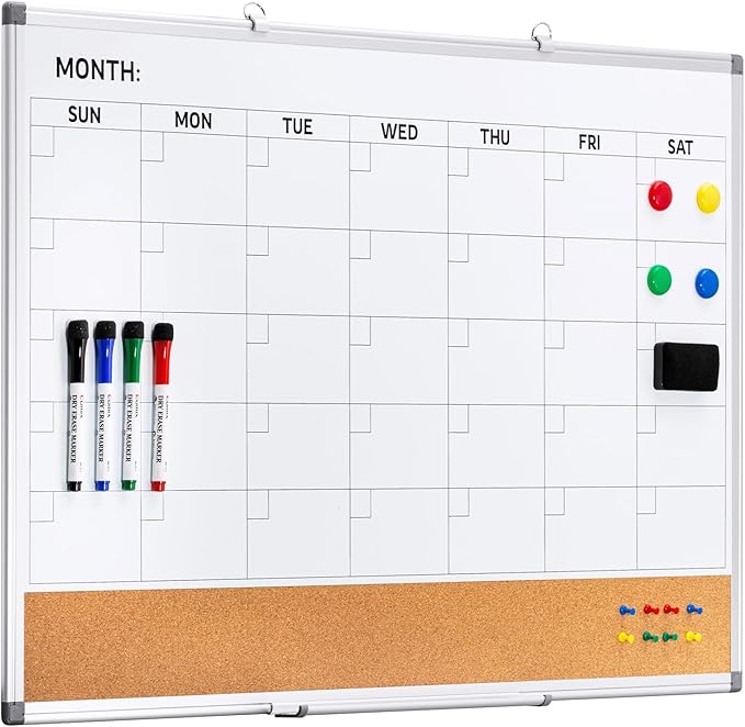 Comix Dry Erase Calendar Whiteboard Corkboard Combo, 36 * 24 inch Monthly Calendar and Bulletin Board Combination for wall, Aluminum Frame Planner with Dry Erase Markers, Magnets, Push Pins