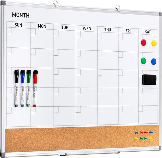 Comix Dry Erase Calendar Whiteboard Corkboard Combo, 36 * 24 inch Monthly Calendar and Bulletin Board Combination for wall, Aluminum Frame Planner with Dry Erase Markers, Magnets, Push Pins